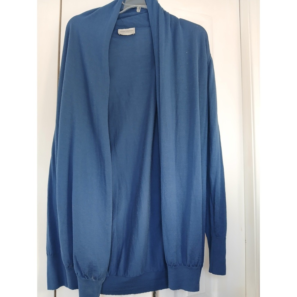 John Smedley wool Cardigan Sweater Womens Large Navy‎ Open *flaw